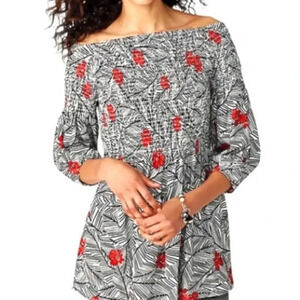 J. Jill Red Black Floral 3/4 Sleeve Smocked Off The Shoulders Blouse Top Size XL